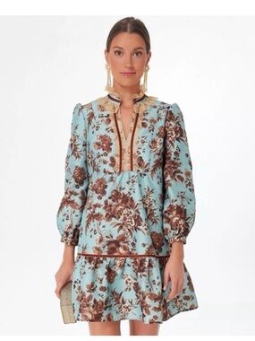 Tuckernuck Blue & Brown Floral Notch-Neck Ruffle Dress